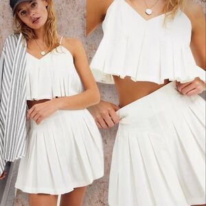Free People white mini co-ord Flowy ruffle crop top high rise shirt matching set